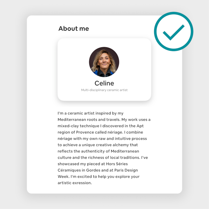 Airbnb listing profile with the name 'Celine', identified as a multi-disciplinary ceramic artist, and a detailed description of her Mediterranean roots, artistic style, and showcased work.