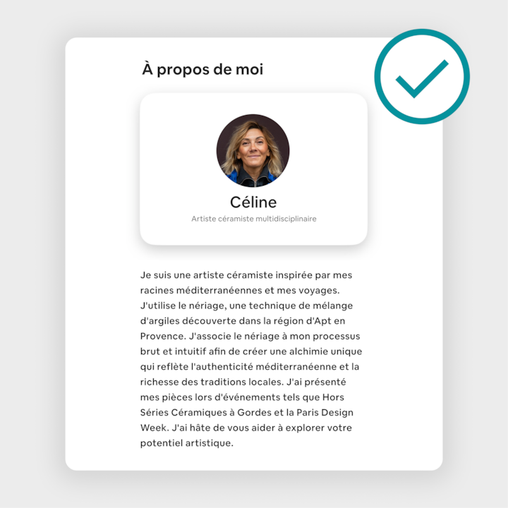 Profil sur une annonce Airbnb au nom de « Celine », se présentant comme une céramiste multidisciplinaire et détaillant ses racines méditerranéennes, son style artistique et ses œuvres exposées.