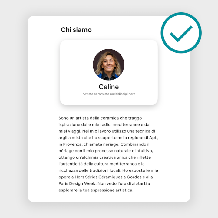 Profilo dell'annuncio Airbnb con il nome "Celine", che si presenta come una ceramista multidisciplinare, e una descrizione dettagliata delle sue radici mediterranee, del suo stile artistico e delle sue opere.