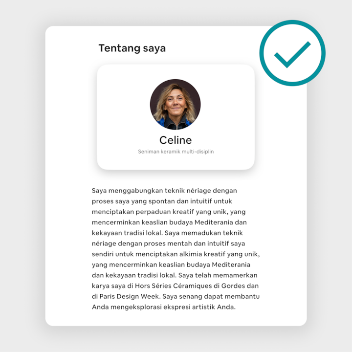 Profil iklan Airbnb dengan nama 'Celine', diperkenalkan sebagai seniman keramik multi-disiplin, serta deskripsi mendetail tentang asal-usul Mediterania, gaya artistik, dan karya yang dipamerkan.