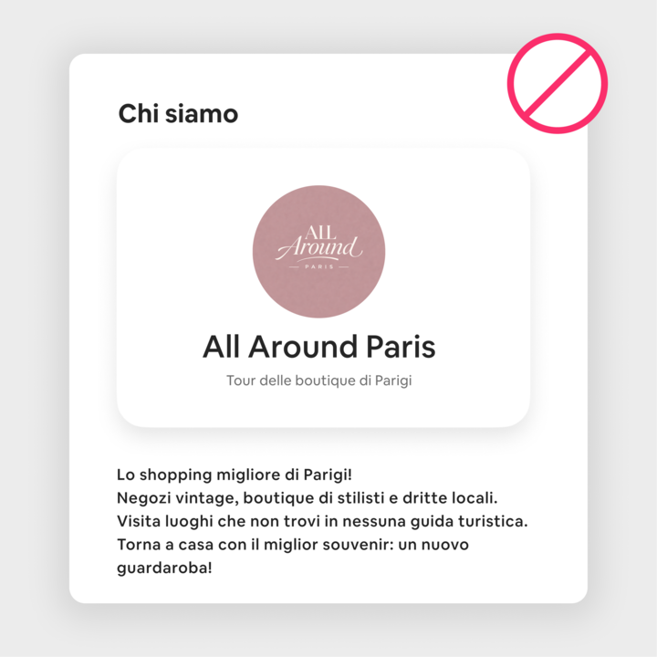 Un annuncio con il titolo "All Around Paris" mostra un logo e un testo che spiega i tour di shopping per le boutique di Parigi. L'immagine include un'icona barrata, che sottolinea cosa non fare.
