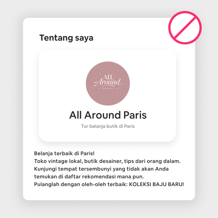 Iklan untuk 'All Around Paris', menampilkan logo dengan teks yang menjelaskan tur belanja di butik kota Paris. Desainnya menunjukkan ikon yang dicoret, menekankan apa yang tidak boleh dilakukan.