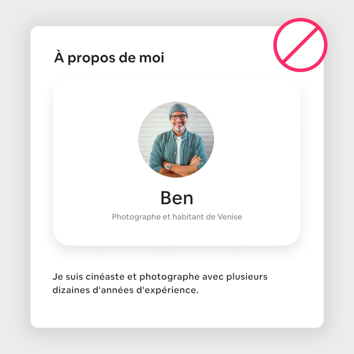 Fiche de profil avec du texte présentant Ben, habitant de Venise et photographe, évoquant ses décennies d'expérience dans le cinéma et la photographie.