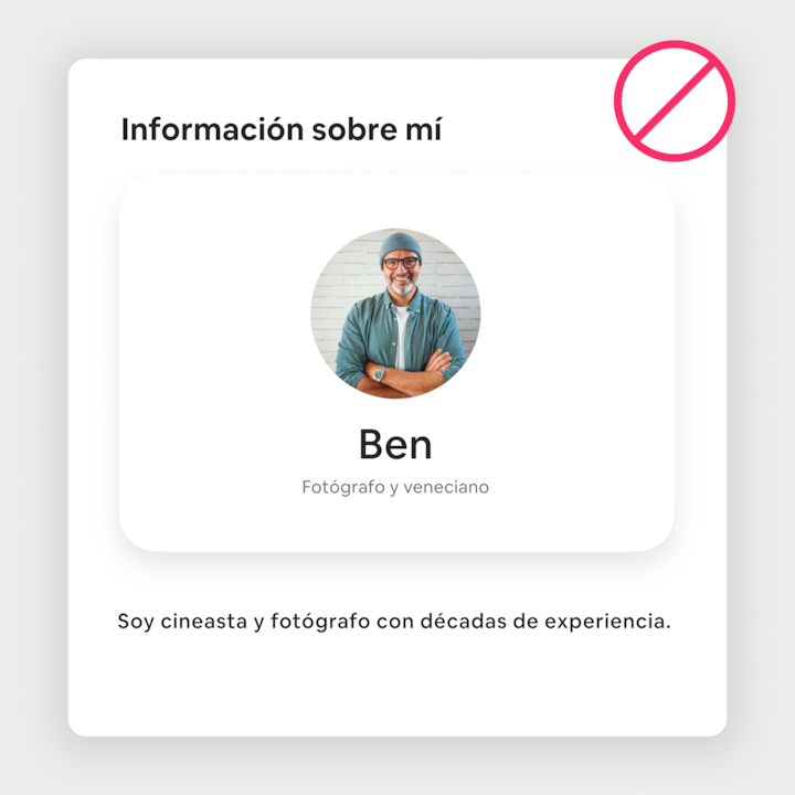 Una tarjeta de perfil con un texto que presenta a Ben como un fotógrafo local de Venecia y menciona sus décadas de experiencia en el cine y la fotografía.