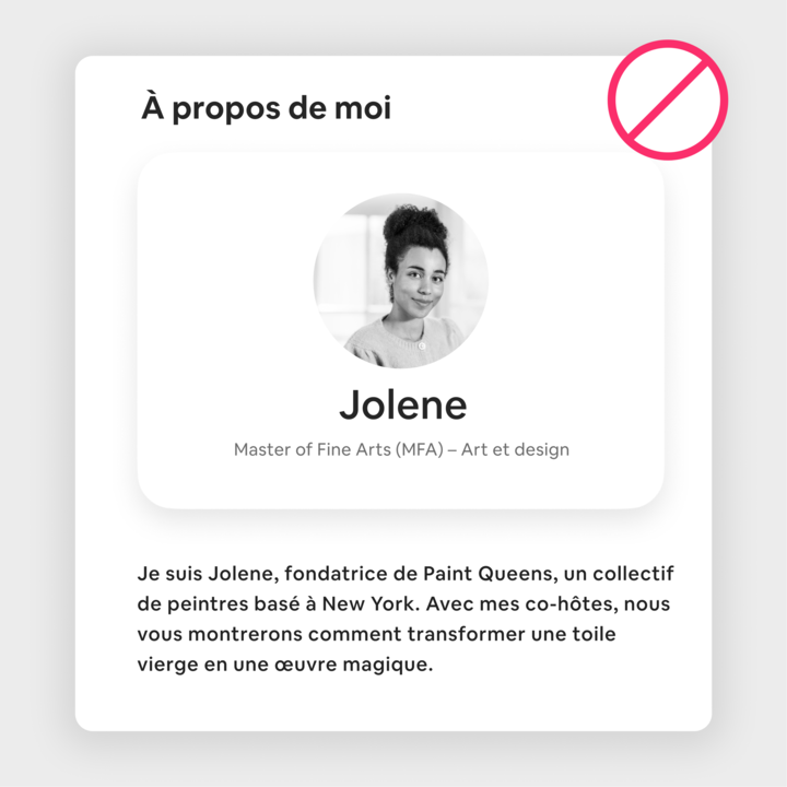 Fiche de profil affichant le nom de Jolene, sa ligne de présentation (Master of Fine Arts (MFA) – Art et design) et une brève description expliquant qu'elle a fondé Paint Queens, un collectif de peintres basé à New York.