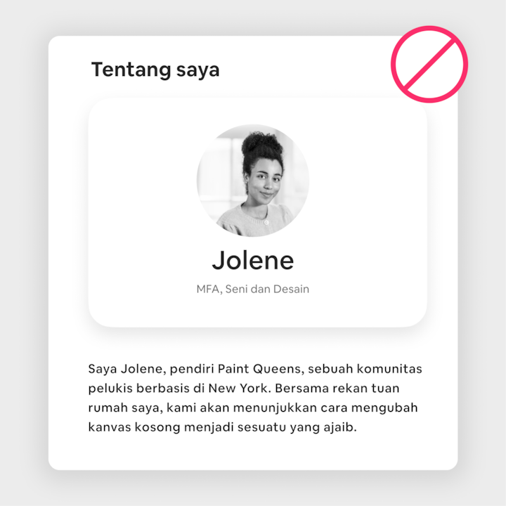 Kartu profil yang menampilkan nama Jolene, gelar MFA dalam bidang Seni dan Desain, dan deskripsi singkat tentang pendirian Paint Queens, sebuah komunitas pelukis yang berbasis di New York.
