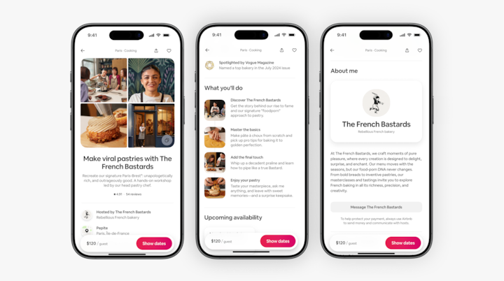A visual of an Airbnb pastry-making experience listing with The French Bastards bakery, presented across three phone screens detailing the experience overview, workshop activities, and host profile.