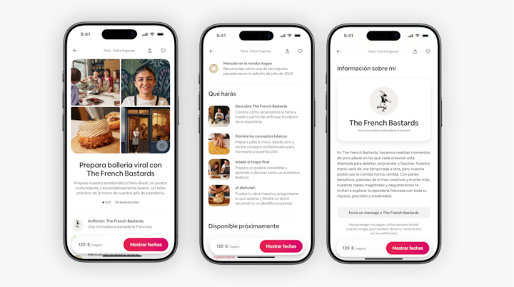 Una imagen de un anuncio de una experiencia de repostería en Airbnb con la panadería The French Bastards, presentado en tres pantallas de teléfono que muestran una descripción general, las actividades que incluye el taller y el perfil del anfitrión.