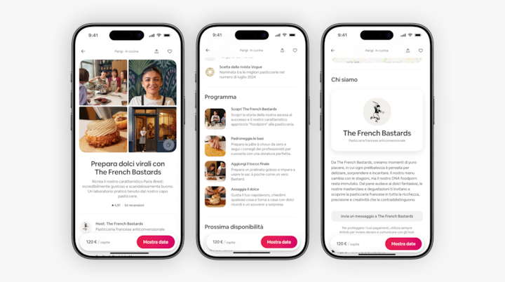 Immagine dell'annuncio di un'Esperienza Airbnb di pasticceria proposta dalla panetteria The French Bastards e suddivisa in tre schermate del telefono che mostrano il profilo, la descrizione generale dell'attività e i vari passaggi del workshop.