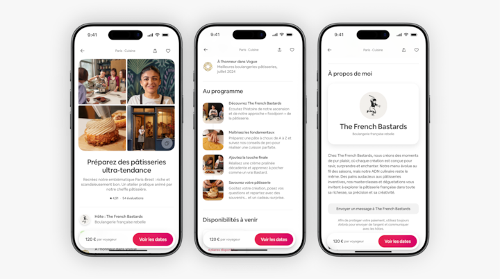 Un visuel d'une annonce d'expérience de pâtisserie sur Airbnb avec la boulangerie The French Bastards, présentée sur trois écrans de téléphone détaillant l'aperçu de l'expérience, les activités de l'atelier et le profil de l'hôte.