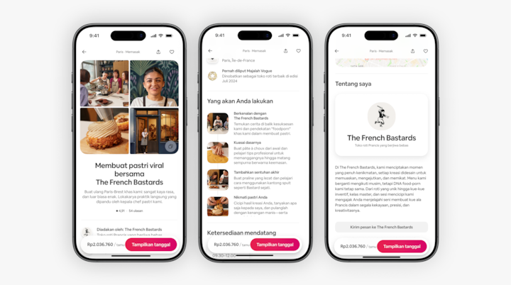 Visual iklan Airbnb yang menunjukkan pengalaman membuat pastri bersama toko roti The French Bastards, ditampilkan di tiga layar ponsel yang menjelaskan dengan terperinci gambaran umum pengalaman, aktivitas lokakarya, dan profil tuan rumah.