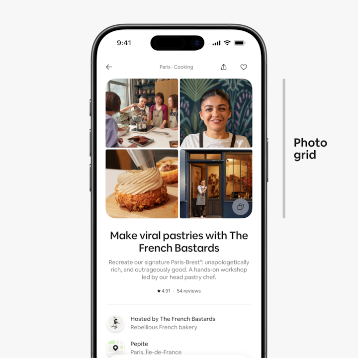 An Airbnb listing for a pastry-making workshop, showcasing a photo grid with images of baking activities, a Paris-Brest pastry being piped, and the exterior of a bakery.