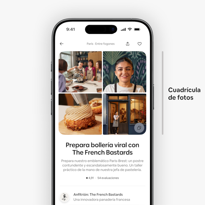 Un anuncio en Airbnb de un taller de repostería que muestra una cuadrícula de imágenes de actividades de repostería, a alguien decorando un pastel Paris-Brest y el exterior de una pastelería.