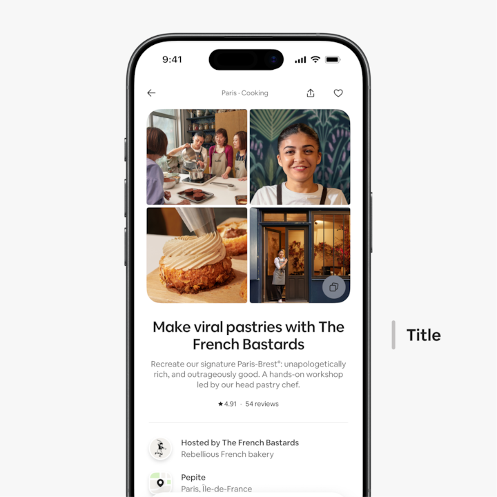 Airbnb listing page preview for a pastry workshop in Paris, showing photos of baked goods, a chef in an apron, and a storefront with warm lighting.