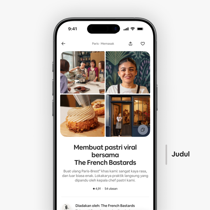 Pratinjau halaman iklan Airbnb untuk lokakarya pastri di Paris, menampilkan foto aneka pastri, chef mengenakan celemek, dan etalase dengan pencahayaan hangat.