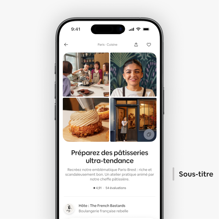 Interface mobile montrant une expérience Airbnb de pâtisserie, illustrée par des images de Paris-Brest, d'une vitrine de boulangerie et de participants en atelier.