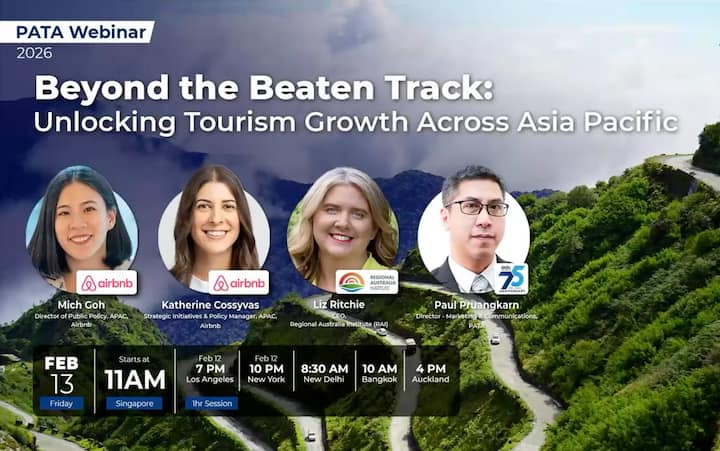 PATA webinar banner: ‘Beyond the Beaten Track: Unlocking Tourism Growth Across Asia Pacific’ with speakers from Airbnb, RAI and PATA.