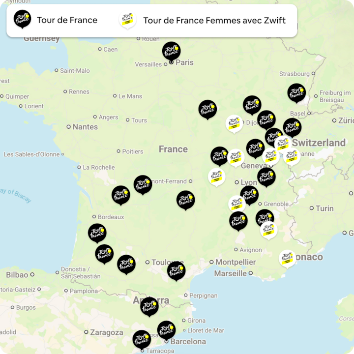 Une carte de France indiquant les étapes du Tour de France et du Tour de France Femmes avec Zwift.