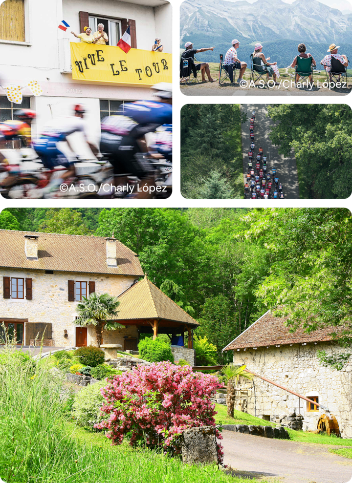 Un photomontage qui capture l'esprit du Tour de France, mêlant scènes de course à vélo en milieu rural, spectateurs enthousiastes et paysages pittoresques.