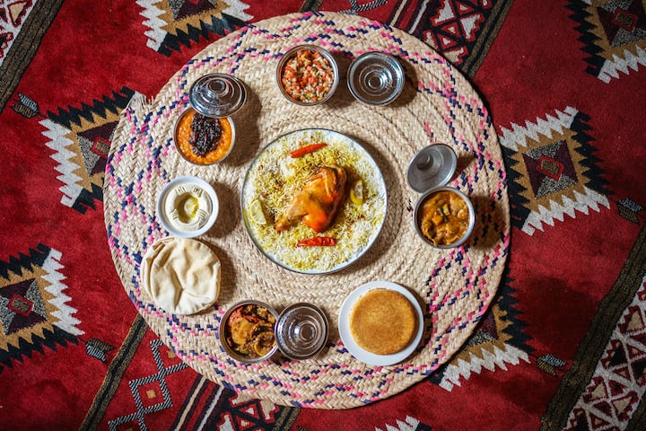 Selection of authentic Saudi cuisine viewed from above