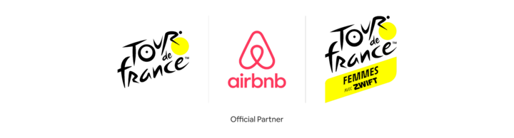 Logos for the Tour de France and Tour de France Femmes avec Zwift are shown either side of the Airbnb logo, with the text "Official Partner" below.