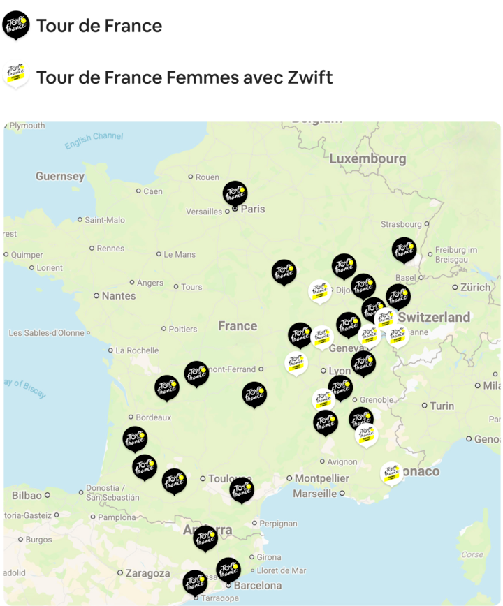 Une carte de France indiquant les étapes du Tour de France et du Tour de France Femmes avec Zwift.
