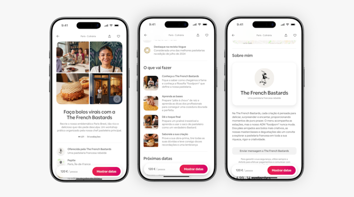 Uma imagem de um anúncio de uma Experiência Airbnb de pastelaria com a padaria The French Bastards, apresentada em três ecrãs de telemóvel, que mostram uma descrição da experiência, as atividades do workshop e o perfil da anfitriã.