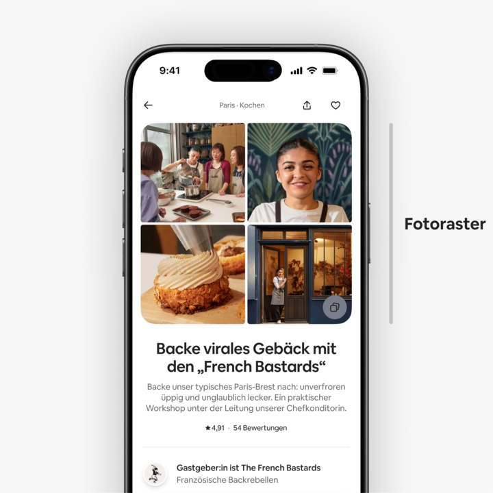 Ein Inserat auf Airbnb für einen Backworkshop, das ein Fotoraster mit Bildern von Backarbeiten, dem Spritzbeutel für ein Paris-Brest-Dessert und der Fassade einer Bäckerei enthält.