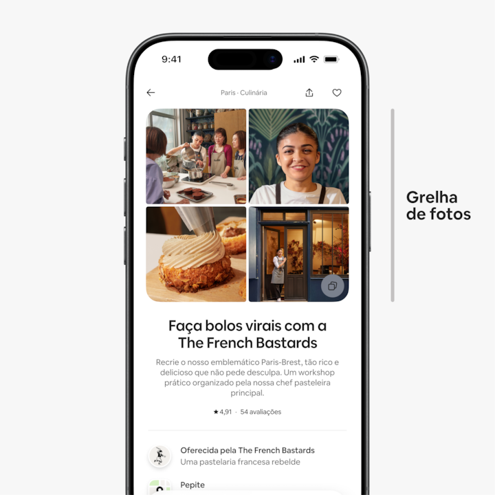 Um anúncio da Airbnb para um workshop de pastelaria, que apresenta uma grelha de fotos com imagens de atividades de pastelaria, um bolo Paris-Brest a ser decorado com saco de pasteleiro e o exterior de uma pastelaria.