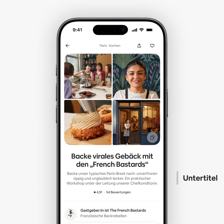 Ein Mobilgerätebildschirm zu einem Backerlebnis auf Airbnb mit Bildern von Paris-Brest-Desserts, Bäckereifassade und Workshop-Teilnehmer:innen.