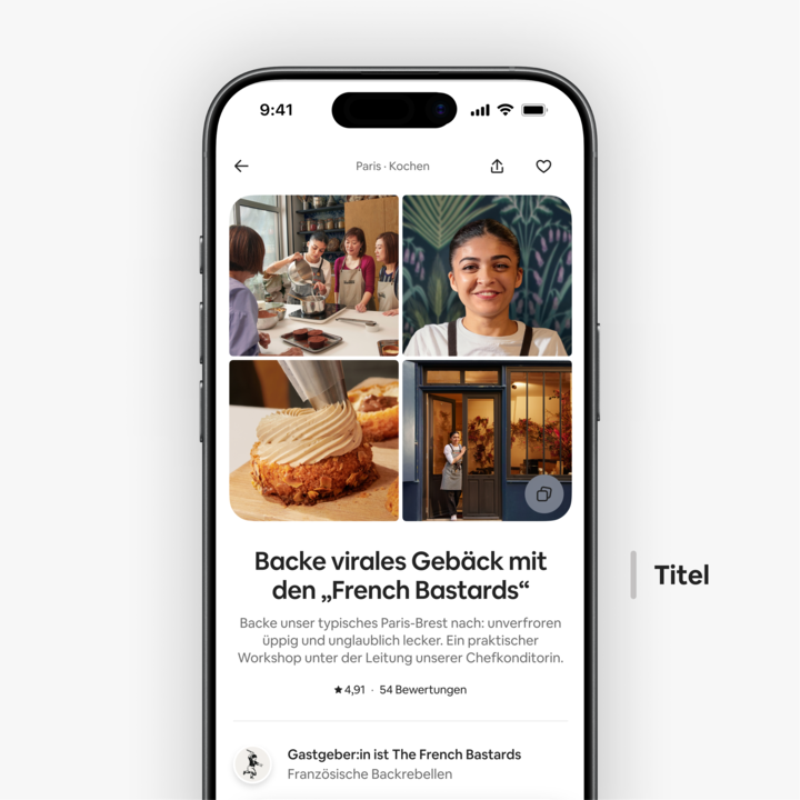 Vorschau der Airbnb-Inseratsseite für einen Konditorworkshop in Paris mit Fotos von Backwaren, einer Konditorin in einer Schürze und einem warm ausgeleuchteten Ladengeschäft.