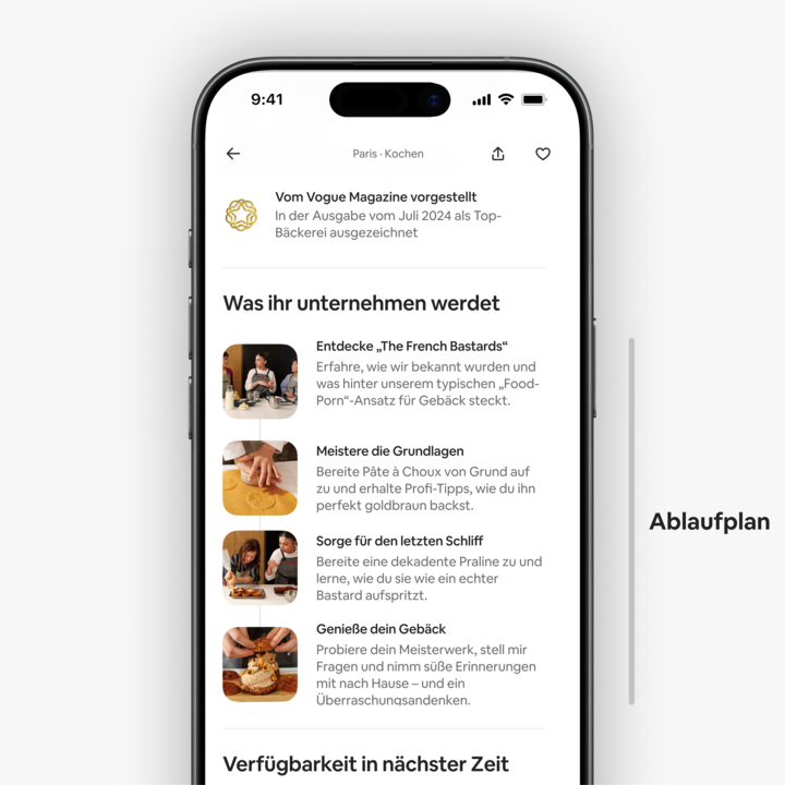 Nahaufnahme eines Smartphone-Bildschirms zum Ablauf einer Konditorei-Entdeckung in Paris, mit Schritten wie der Zubereitung der Brandmasse, der Pralinenherstellung und der Verkostung der fertigen Gebäckkreation.