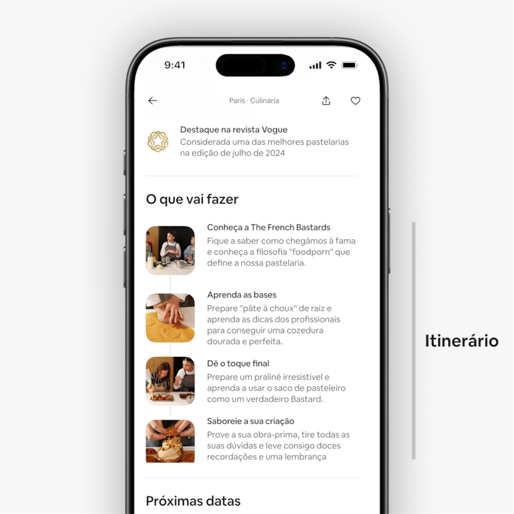 Grande plano de um ecrã de telemóvel que mostra o itinerário de uma Experiência Airbnb para uma aula de pastelaria em Paris, apresentando etapas como fazer pâte à choux perfeitos, dar os toques finais com praliné e degustar o resultado final.