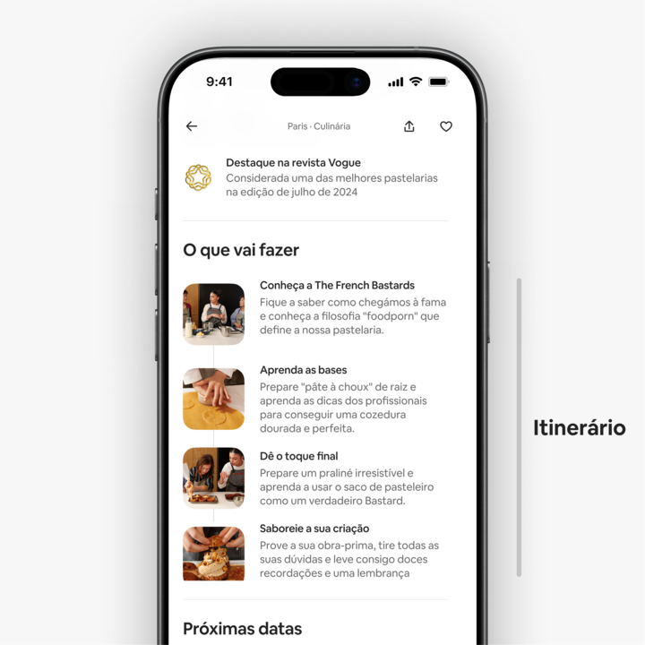 Grande plano de um ecrã de telemóvel que mostra o itinerário de uma Experiência Airbnb para uma aula de pastelaria em Paris, apresentando etapas como fazer pâte à choux perfeitos, dar os toques finais com praliné e degustar o resultado final.