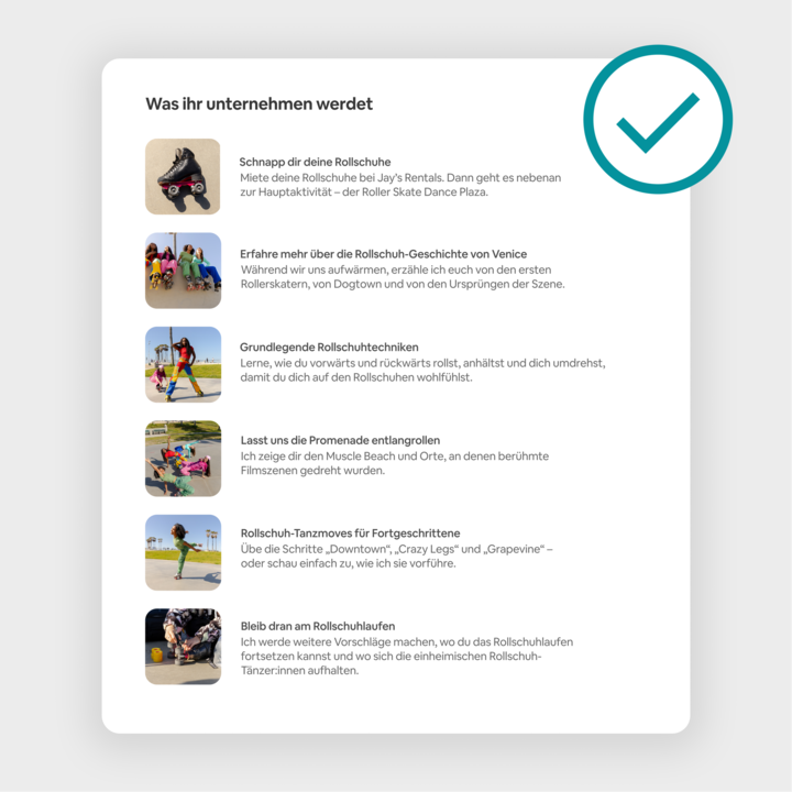 Eine Checkliste mit Aktivitäten bei einem Rollschuherlebnis in Venice, darunter das Ausleihen der Rollschuhe, das Erlernen des Rollschuhfahrens, das Erkunden der Promenade und Rollschuhtanzbewegungen für Fortgeschrittene, begleitet von farbenfrohen Bildern der Teilnehmer:innen.