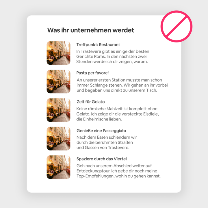Beispielinserat für eine Entdeckung auf Airbnb mit Aktivitäten wie Essengehen, Eiscremeverkostung und Entdeckungstour durch Trastevere mit einem Verbotsschild als Hinweis darauf, was man vermeiden sollte.
