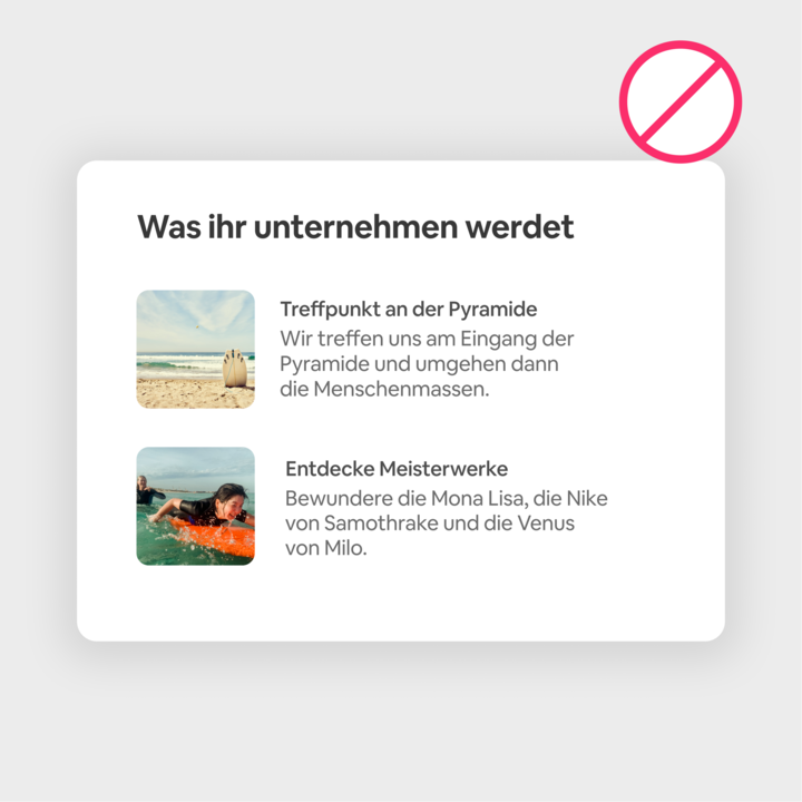 Bild zu „Was ihr unternehmen werdet“ mit zwei Angeboten: eine Strandszene mit der Beschriftung „Treffpunkt an der Pyramide“ und eine Kajakfahrt mit der Beschriftung „Entdecke Meisterwerke“.