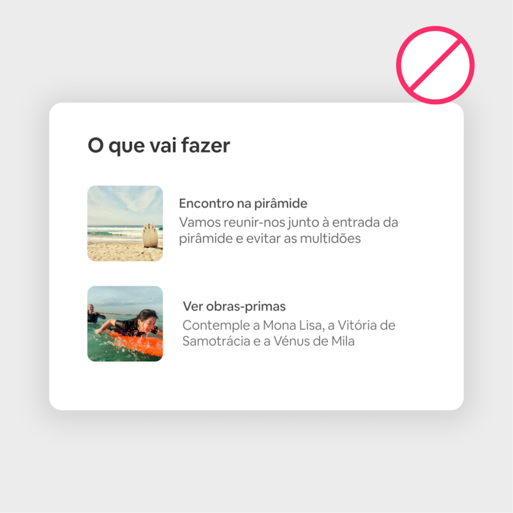 Imagem que mostra a secção "O que vai fazer" com duas opções de atividades: uma paisagem de praia com a legenda "Encontro na pirâmide" e caiaque com a legenda "Ver obras-primas".
