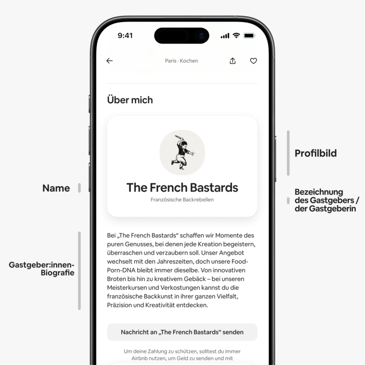 Inseratsseite in der Airbnb-App auf einem Mobilgerät mit dem Abschnitt „Über mich“. Das Gastgeber:innen-Profil enthält ein Logo, das eine Bäckerin mit einem Baguette zeigt, den Namen „The French Bastards“, den Titel „Französische Backrebellen“ und eine Biografie, die auf die Unternehmensphilosophie und die beliebten Backkurse eingeht.