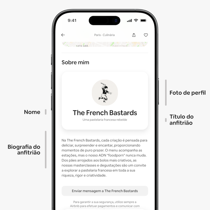 Uma página de anúncio na Airbnb no ecrã de um dispositivo móvel, que mostra a secção "Sobre mim". O perfil da anfitriã inclui o logótipo de uma padeira com uma baguete, o nome "The French Bastards" e o título "Uma pastelaria francesa rebelde", com uma biografia que explica a sua filosofia e as suas emblemáticas aulas de pastelaria.