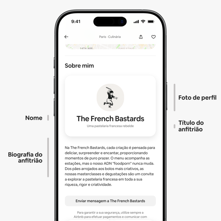 Uma página de anúncio na Airbnb no ecrã de um dispositivo móvel, que mostra a secção "Sobre mim". O perfil da anfitriã inclui o logótipo de uma padeira com uma baguete, o nome "The French Bastards" e o título "Uma pastelaria francesa rebelde", com uma biografia que explica a sua filosofia e as suas emblemáticas aulas de pastelaria.