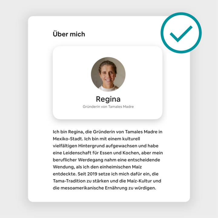 Inseratsseite für eine Entdeckung auf Airbnb mit dem Abschnitt „Über mich“, in dem Regina, die Gründerin von Tamales Madre, ihren Weg in die Maíz-Kultur und die mesoamerikanische Tradition seit 2019 schildert.