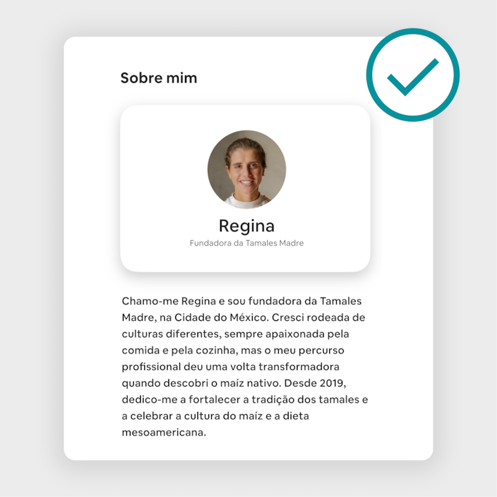 A página do anúncio de uma Experiência Airbnb mostra uma secção "Sobre mim" com Regina, fundadora da Tamales Madre, a destacar o seu percurso na cultura do maíz e no património mesoamericano desde 2019.