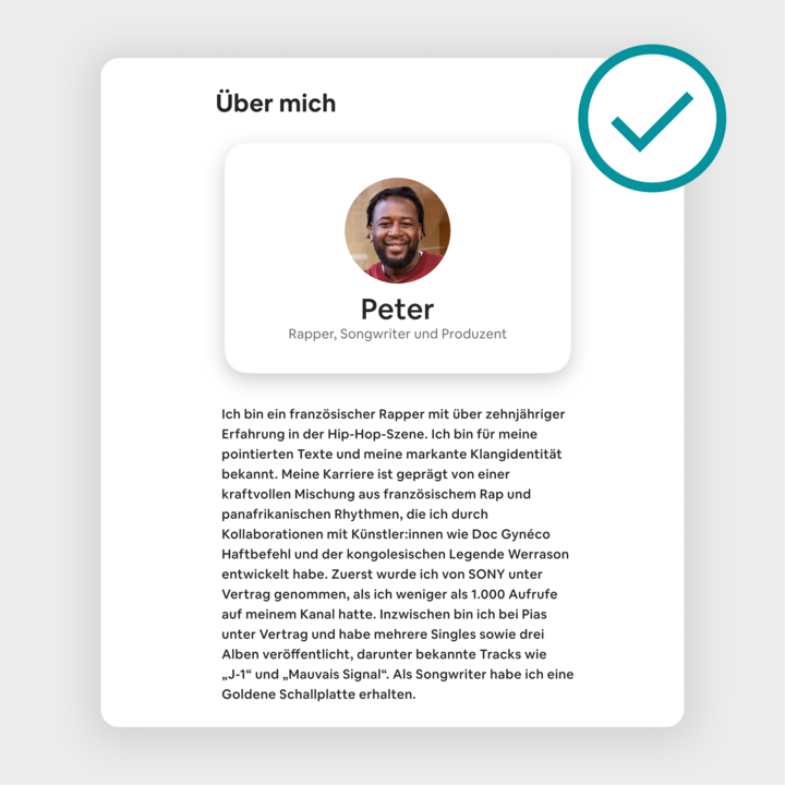 Das Inseratsprofil von Peter auf Airbnb, das auf seine Erfolge als Rapper und Produzent wie veröffentlichte Alben, bekannte Tracks und eine Goldene Schallplatte eingeht.