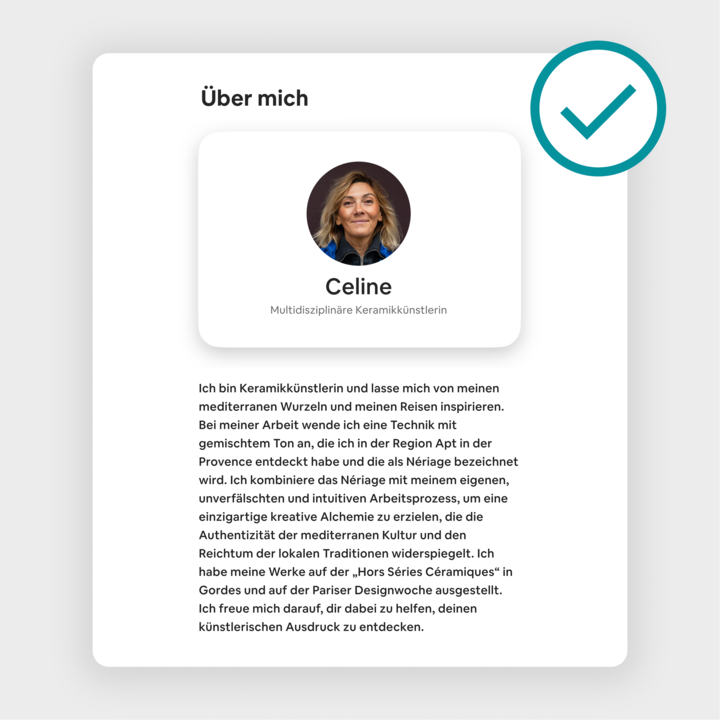 Das Profil von „Celine“ auf Airbnb, das sie als multidisziplinäre Keramikkünstlerin ausweist und eine detaillierte Beschreibung ihrer mediterranen Wurzeln, ihres künstlerischen Stils und der ausgestellten Arbeiten enthält.
