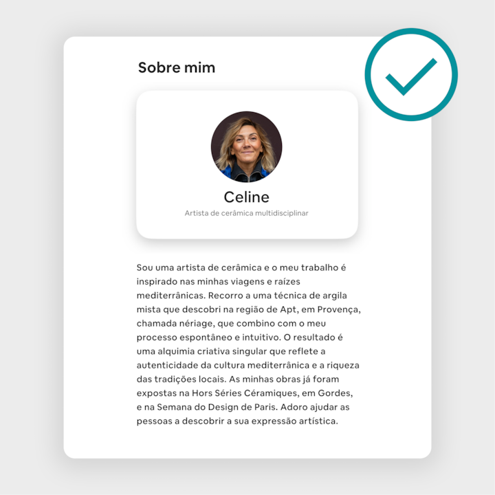 Perfil do anúncio na Airbnb com o nome "Celine", identificada como artista de cerâmica multidisciplinar, com uma descrição detalhada das suas raízes mediterrânicas, do seu estilo artístico e do trabalho apresentado.