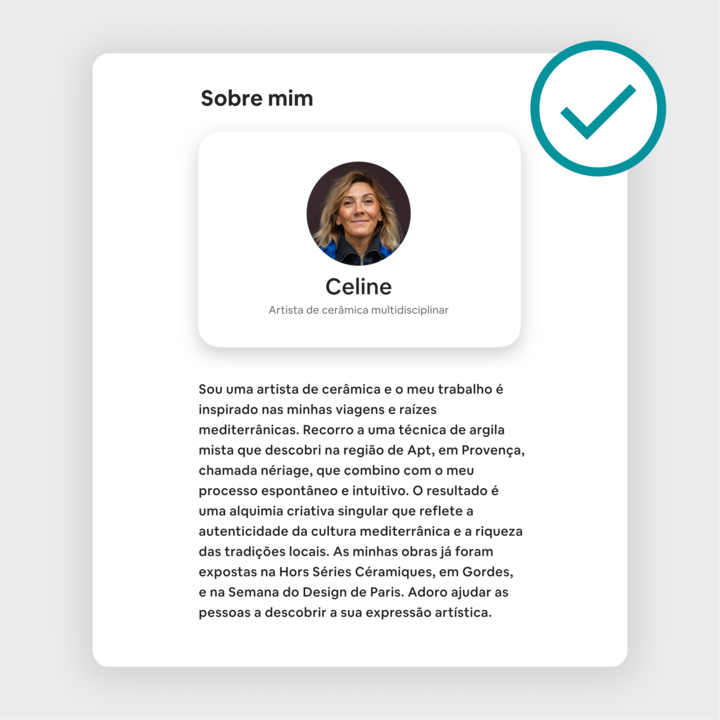 Perfil do anúncio na Airbnb com o nome "Celine", identificada como artista de cerâmica multidisciplinar, com uma descrição detalhada das suas raízes mediterrânicas, do seu estilo artístico e do trabalho apresentado.