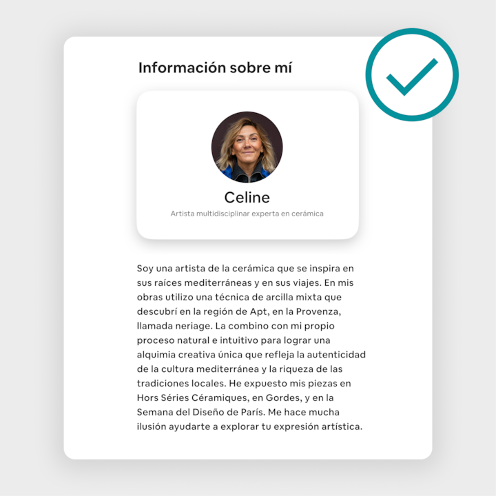 Un perfil de un anuncio en Airbnb con el nombre de «Celine», que se identifica como artista multidisciplinar de la cerámica y describe con todo lujo de detalles sus raíces mediterráneas, su estilo artístico y su obra.