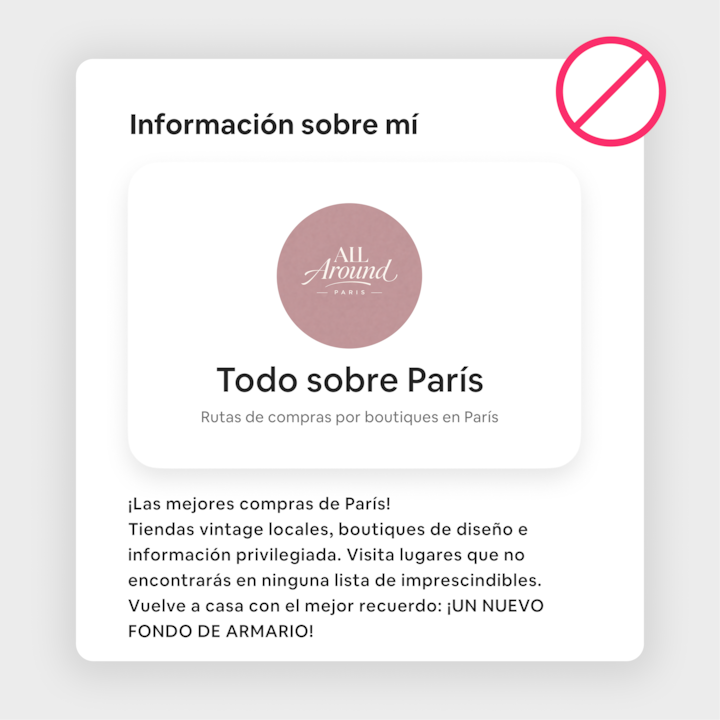 Un anuncio con el título «Todo sobre París» muestra un logotipo con un texto que explica las rutas de compras por boutiques en París. El diseño incluye un icono de prohibición para enfatizar lo que no se debe hacer.