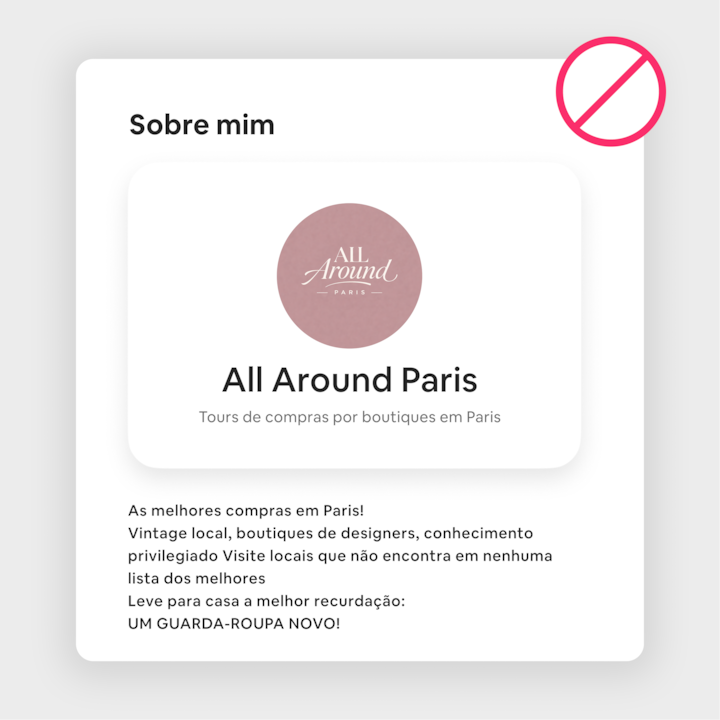 Um anúncio com o título "Tudo em Paris", com um logótipo e texto que descreve as visitas de compras por boutiques em Paris. A imagem inclui um ícone de proibição para destacar o que não se deve fazer.